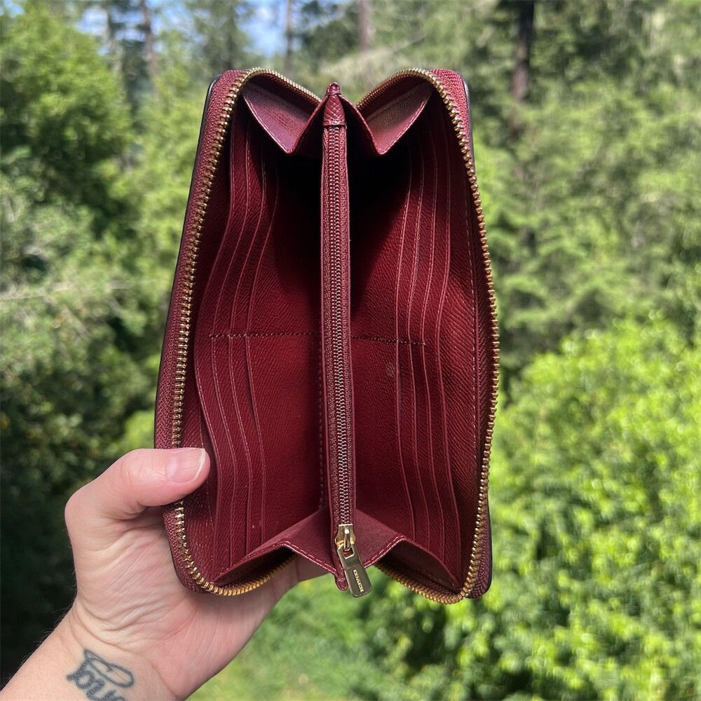 COACH Long Zip-Around Burgundy Pebble Leather Wallet w Gold Hardware AUTHENTIC - Picture 3 of 12
